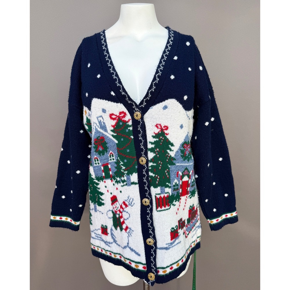 NutCracker Vintage Christmas Sweater Small Navy Snowman Holiday Cardigan Womens